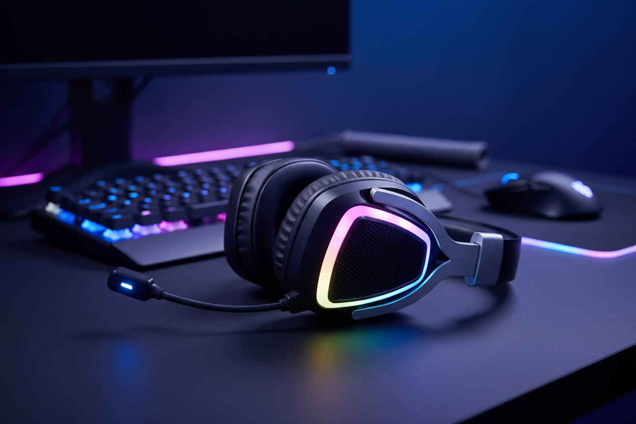 Close-up of RGB gaming headset with microphone and LED lights on a modern professional gaming desk
