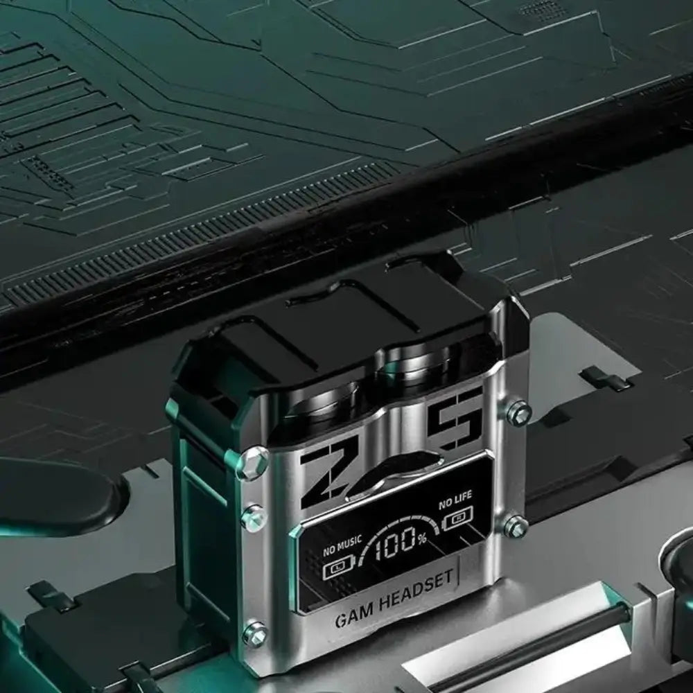 Close-up of Wireless Gaming Earbuds charging case, showing battery level and gaming design details.