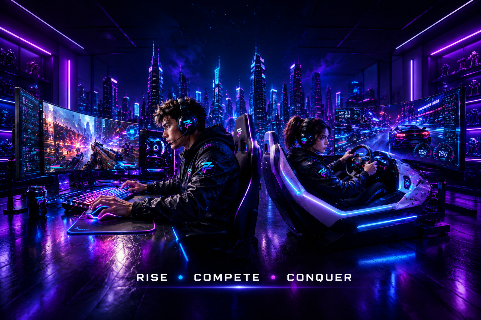 Futuristic RGB gaming room setup with professional gamer playing immersive multiplayer video game on high-performance PC