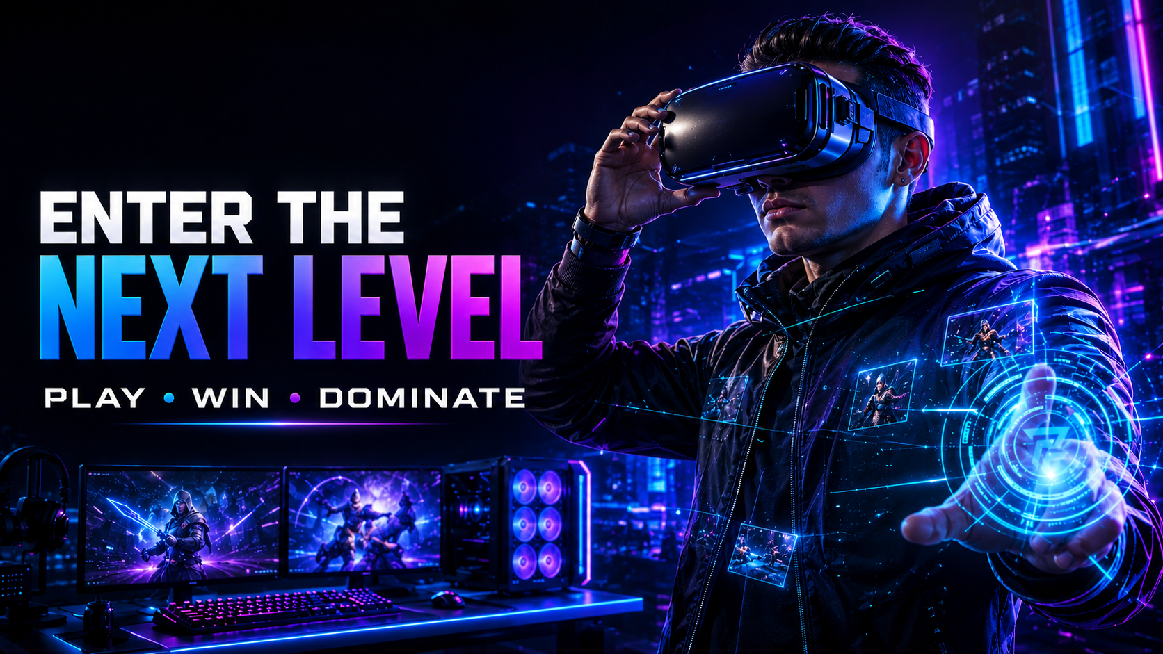 RGB gaming PC setup showing immersive action gameplay on monitor with neon-lit gaming environment and professional esports atmosphere