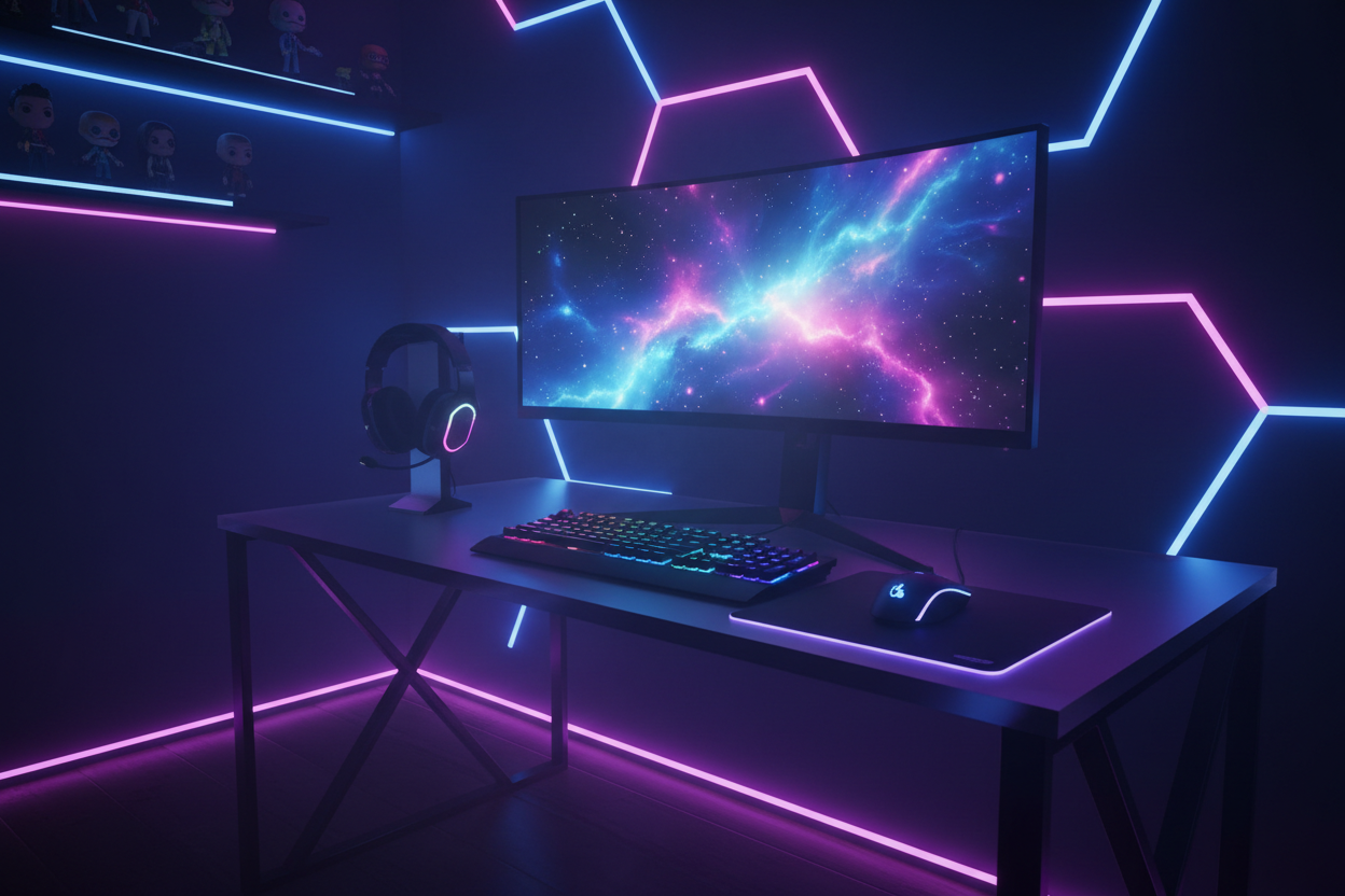 RGB gaming setup with mechanical keyboard, gaming mouse, headset, and monitor in a dark neon-lit gaming room