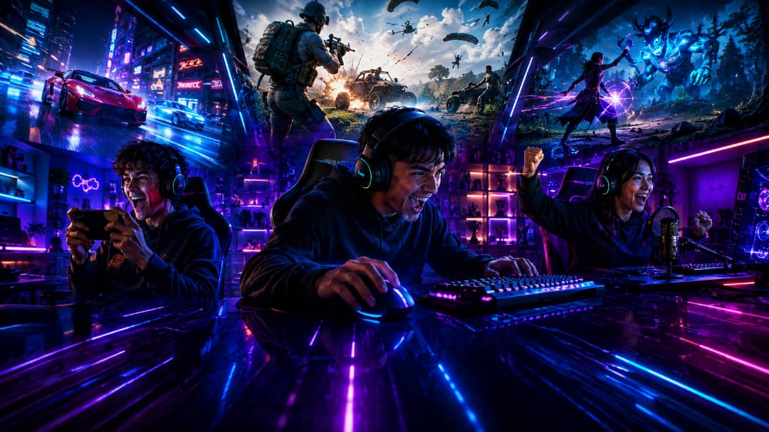Professional RGB gaming setup with immersive multiplayer gameplay, mechanical keyboard, and neon-lit gaming environment