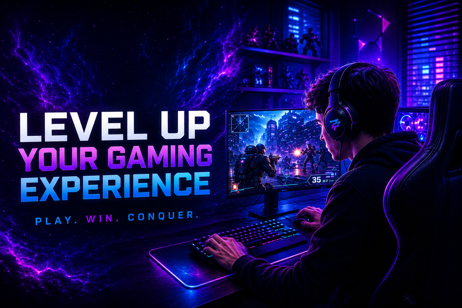 Professional gamer playing futuristic multiplayer shooter game on RGB gaming PC setup with neon lighting